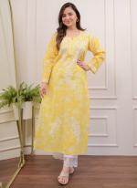 Pure Mul Mul Cotton Yellow Daily Wear Chikankari Embroidery Readymade Kurti Pant